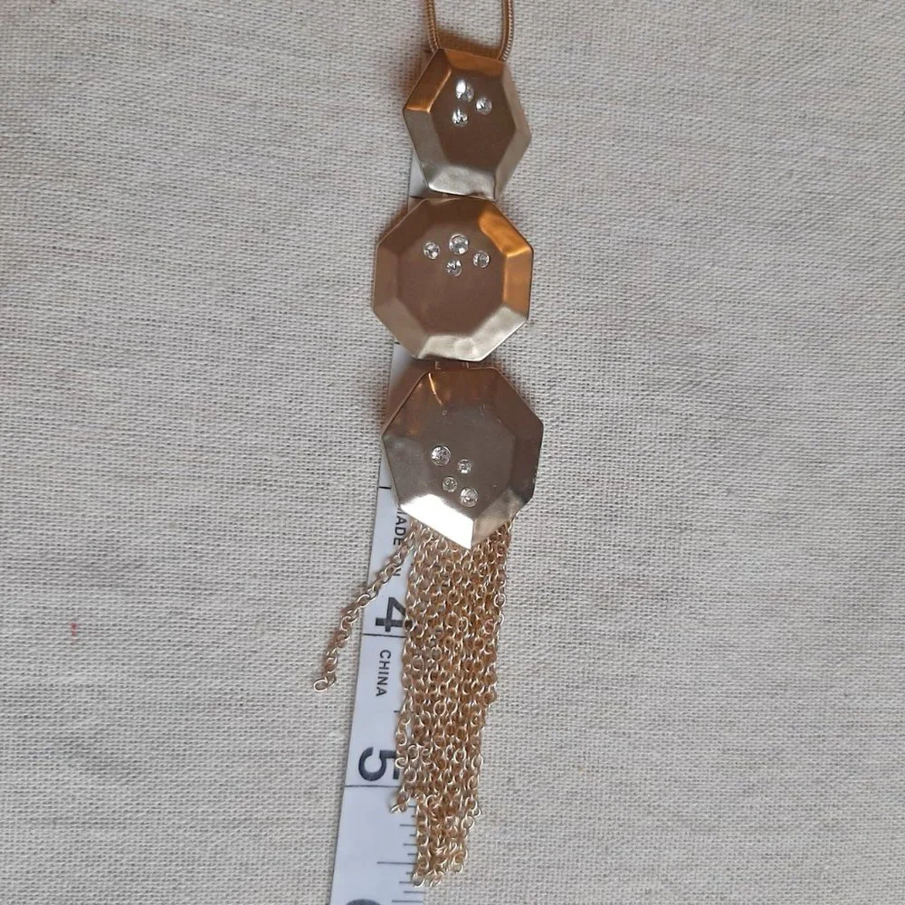 Chico's Hammered Gold Tone Hexagonal Tassel Long Necklace